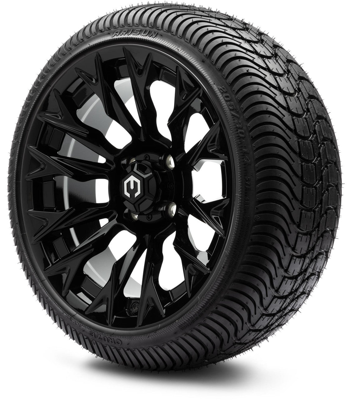 MODZ® 14" Falcon Glossy Black Wheels & Street Tires Combo (MODZ Street Fox Radial 205/40-14)