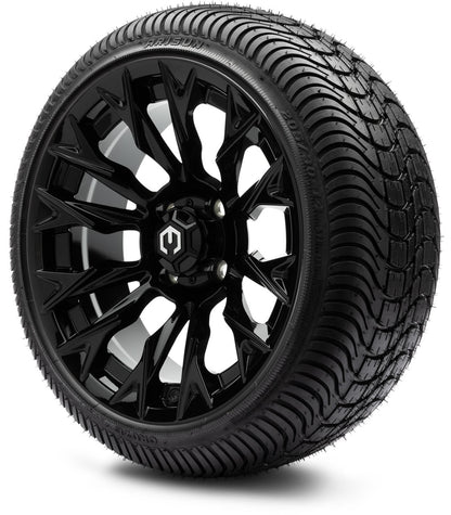 MODZ® 14" Falcon Glossy Black Wheels & Street Tires Combo (Odyssey Tesseract Steel Belted Radial 215/50-14)