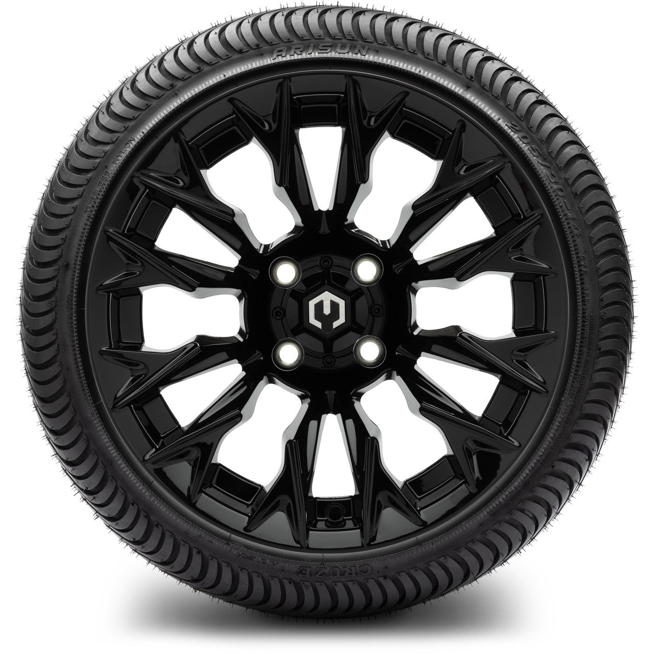 MODZ® 14" Falcon Glossy Black Wheels & Street Tires Combo (MODZ Street Fox Radial 205/40-14)