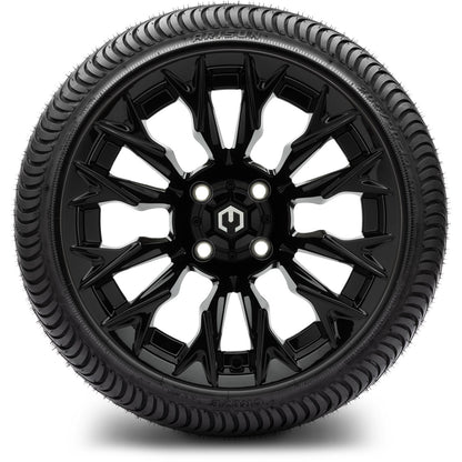 MODZ® 14" Falcon Glossy Black Wheels & Street Tires Combo (MODZ Street Fox Radial 205/40-14)
