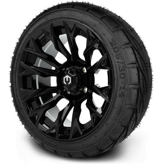 MODZ® 14" Falcon Glossy Black Wheels & Street Tires Combo (MODZ Guardian 205/30-14)