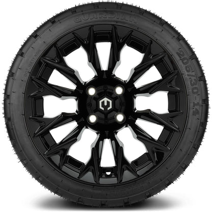 MODZ® 14" Falcon Glossy Black Wheels & Street Tires Combo (MODZ Street Fox Radial 205/40-14)