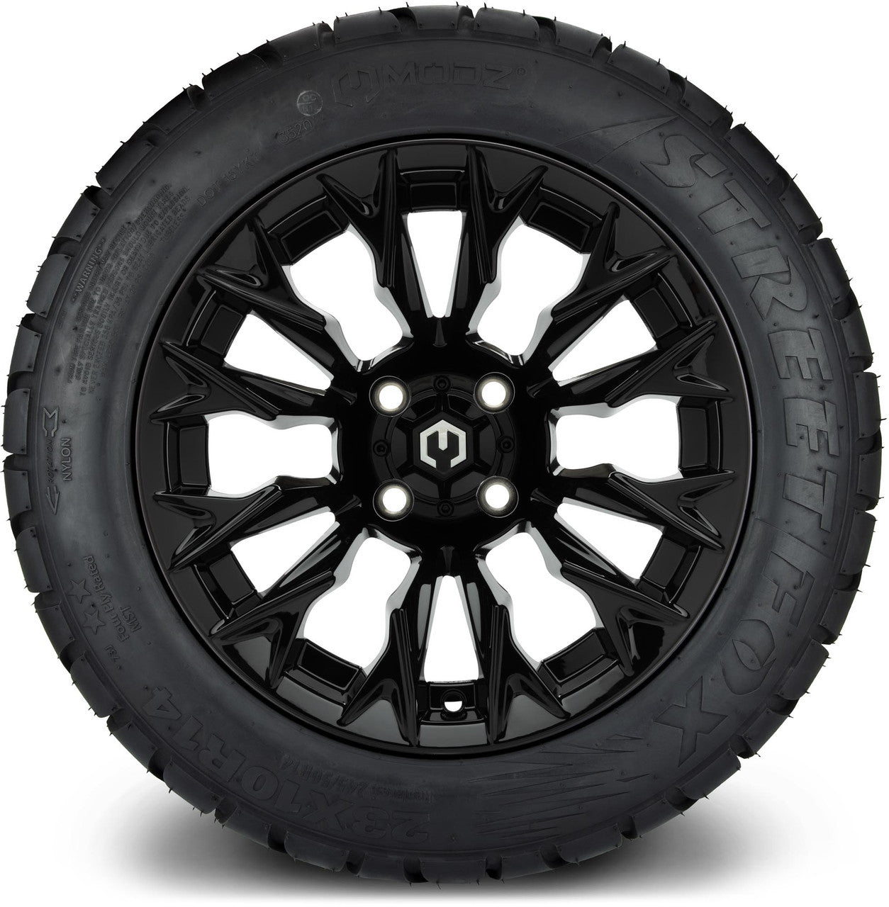MODZ® 14" Falcon Glossy Black Wheels & Street Tires Combo (Odyssey Tesseract Steel Belted Radial 215/35-14)