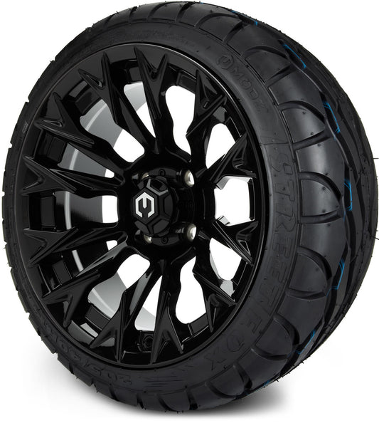 MODZ® 14" Falcon Glossy Black Wheels & Street Tires Combo (MODZ Street Fox Radial 205/40-14)