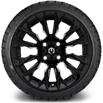 MODZ® 14" Falcon Glossy Black Wheels & Street Tires Combo (MODZ Street Fox Radial 205/40-14)
