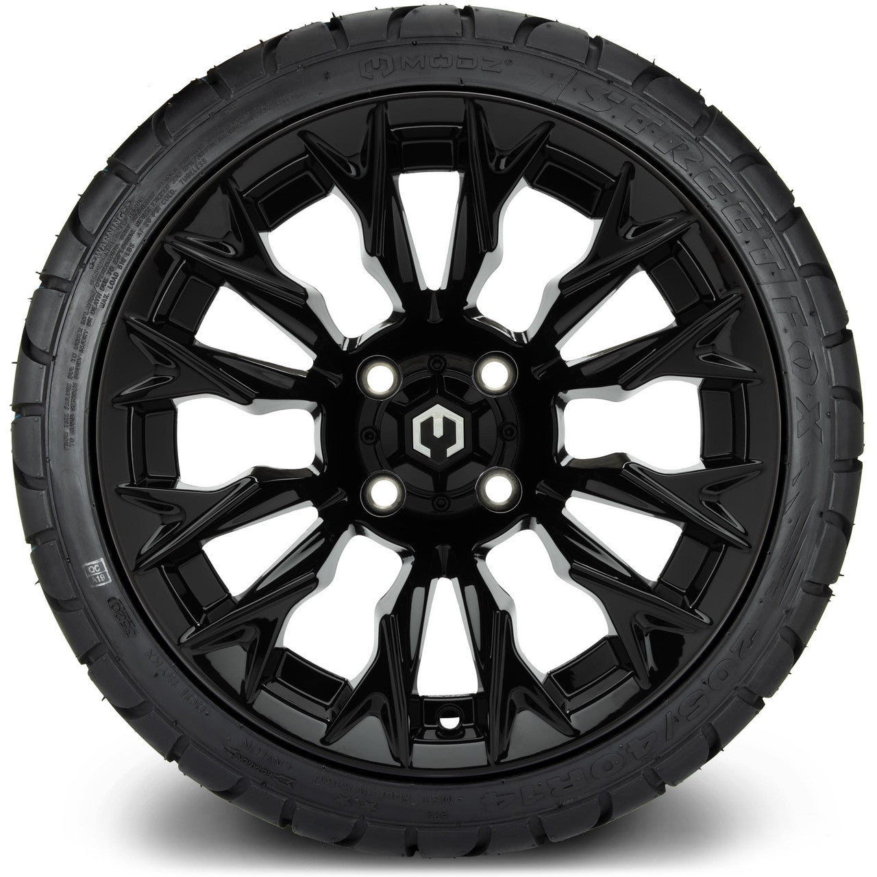 MODZ® 14" Falcon Glossy Black Wheels & Street Tires Combo (Odyssey Tesseract Steel Belted Radial 215/50-14)