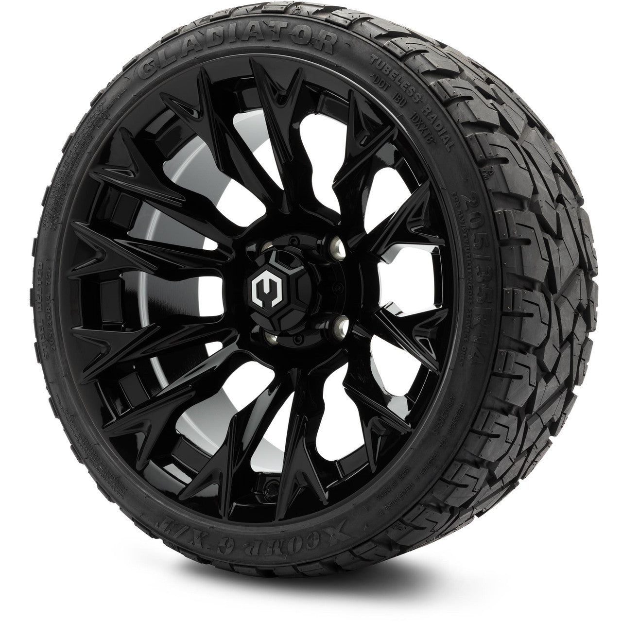 MODZ® 14" Falcon Glossy Black Wheels & Off-Road Tires Combo (Arisun X-Armory All-Terrain 23x10-14 Radial)