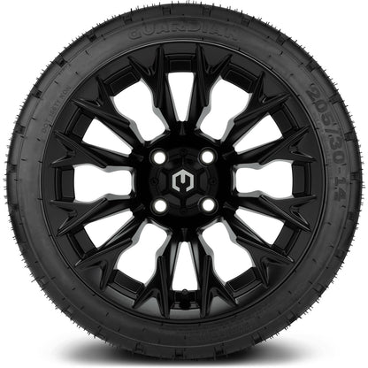 MODZ® 14" Falcon Matte Black Wheels & Street Tires Combo (Odyssey Tesseract Steel Belted Radial 215/35-14)