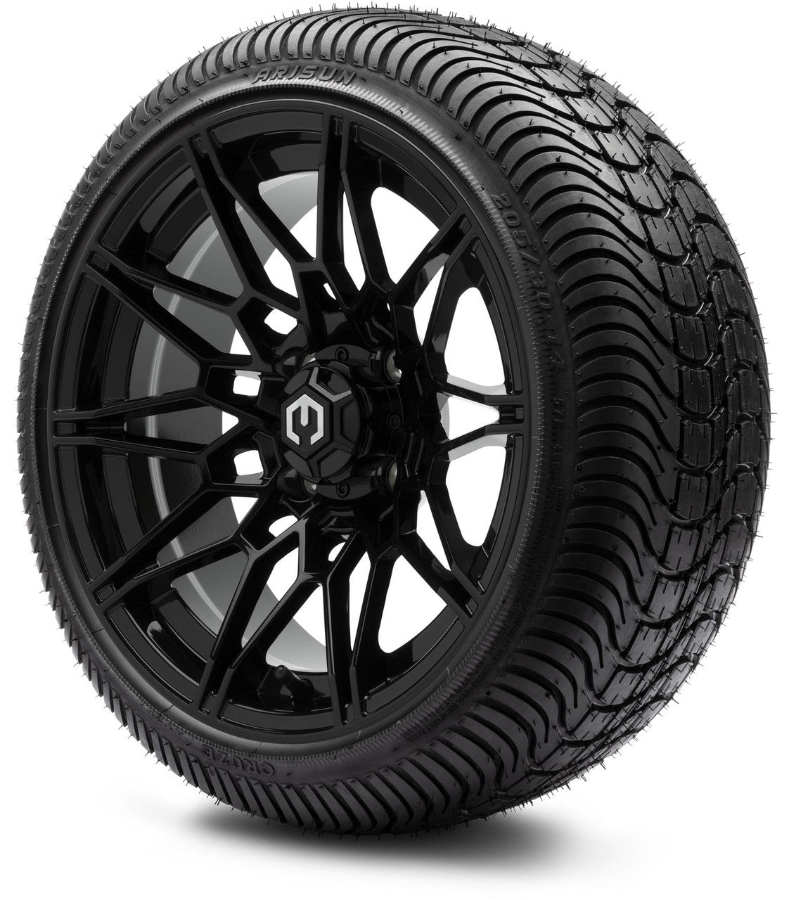 MODZ® 14" Galaxy Glossy Black Wheels & Street Tires Combo (Odyssey Tesseract Steel Belted Radial 215/50-14)