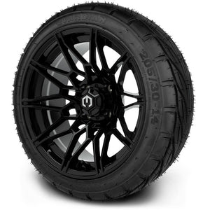 MODZ® 14" Galaxy Glossy Black Wheels & Street Tires Combo (MODZ Guardian 205/30-14)