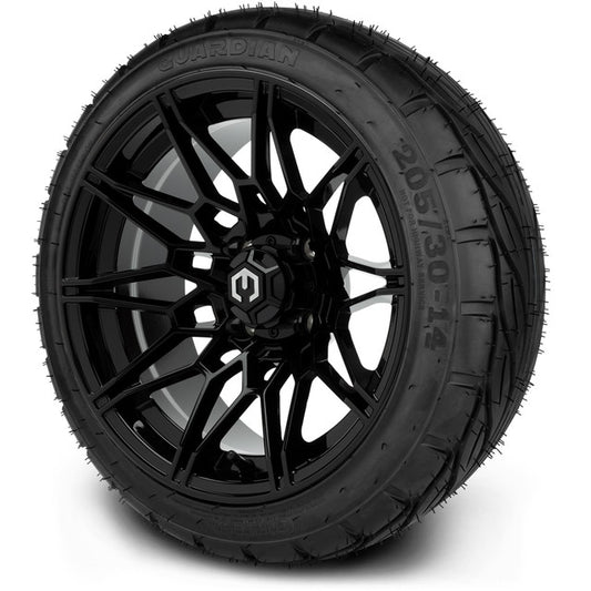 MODZ® 14" Galaxy Glossy Black Wheels & Street Tires Combo (MODZ Guardian 205/30-14)