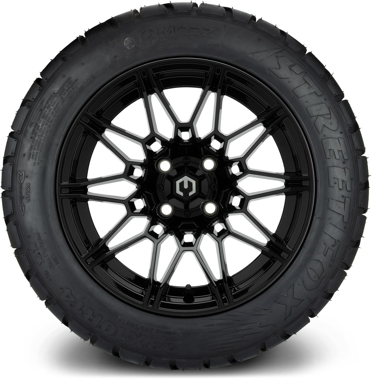 MODZ® 14" Galaxy Glossy Black Wheels & Street Tires Combo (Odyssey Tesseract Steel Belted Radial 215/50-14)