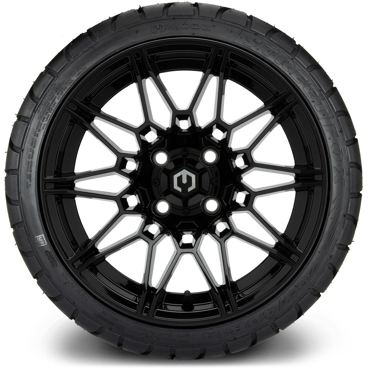 MODZ® 14" Galaxy Glossy Black Wheels & Street Tires Combo (MODZ Street Fox Radial 23x10-14)