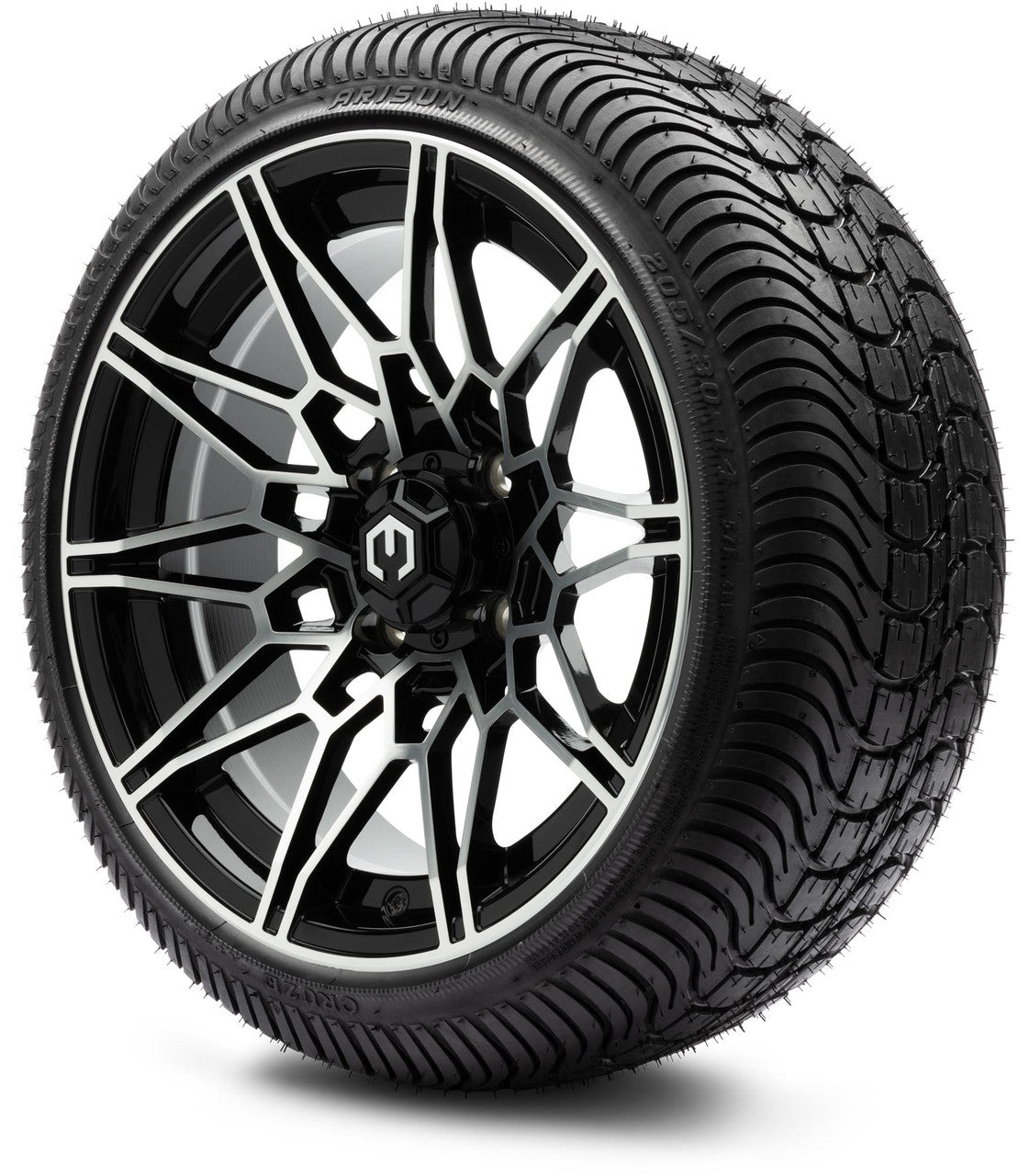MODZ® 14" Galaxy Machined Black Wheels & Street Tires Combo (Odyssey Tesseract Steel Belted Radial 215/50-14)