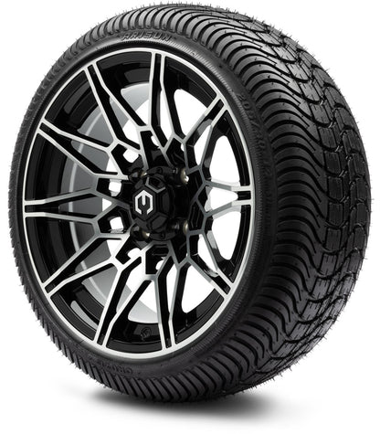 MODZ® 14" Galaxy Machined Black Wheels & Street Tires Combo (Odyssey Tesseract Steel Belted Radial 215/50-14)