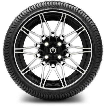 MODZ® 14" Galaxy Machined Black Wheels & Street Tires Combo (Odyssey Tesseract Steel Belted Radial 215/50-14)