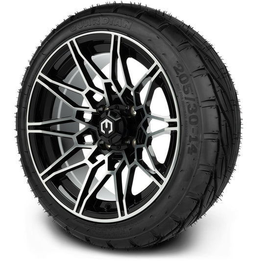 MODZ® 14" Galaxy Machined Black Wheels & Street Tires Combo (MODZ Guardian 205/30-14)