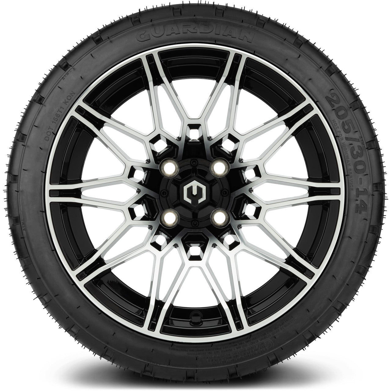 MODZ® 14" Galaxy Machined Black Wheels & Street Tires Combo (Odyssey Tesseract Steel Belted Radial 215/50-14)