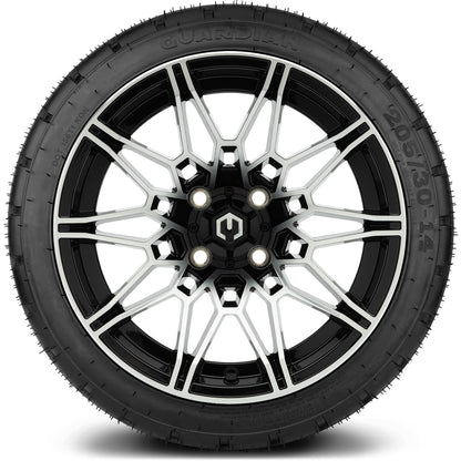 MODZ® 14" Galaxy Machined Black Wheels & Street Tires Combo (Odyssey Tesseract Steel Belted Radial 215/50-14)