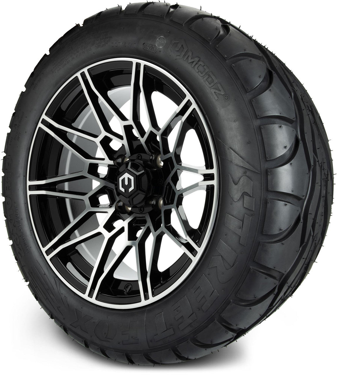MODZ® 14" Galaxy Machined Black Wheels & Street Tires Combo (Odyssey Tesseract Steel Belted Radial 215/50-14)