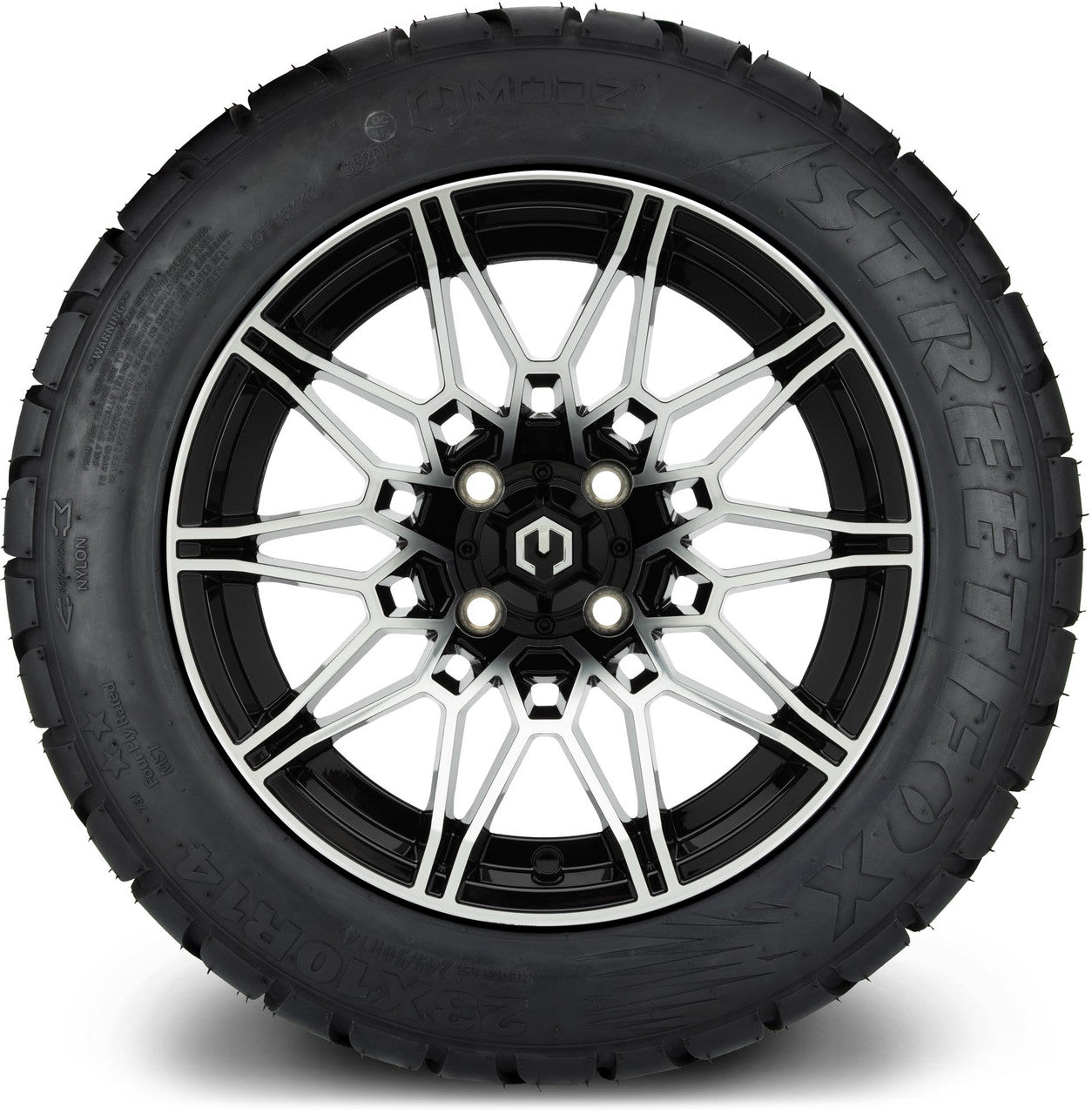 MODZ® 14" Galaxy Machined Black Wheels & Street Tires Combo (MODZ Street Fox Radial 205/40-14)