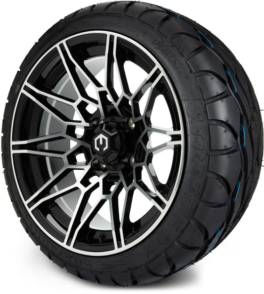MODZ® 14" Galaxy Machined Black Wheels & Street Tires Combo (MODZ Street Fox Radial 205/40-14)