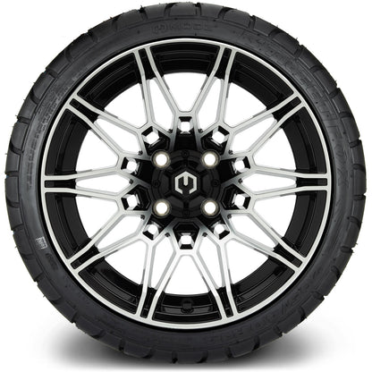 MODZ® 14" Galaxy Machined Black Wheels & Street Tires Combo (Odyssey Tesseract Steel Belted Radial 215/50-14)