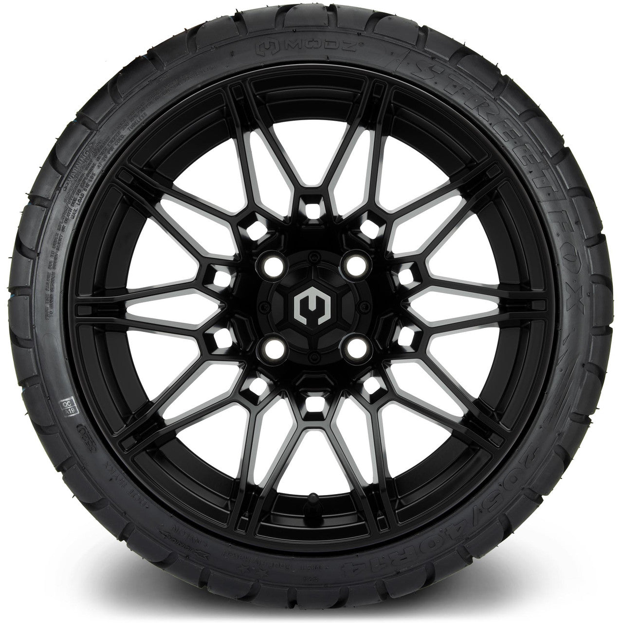 MODZ® 14" Galaxy Matte Black Wheels & Street Tires Combo (Odyssey Tesseract Steel Belted Radial 215/35-14)