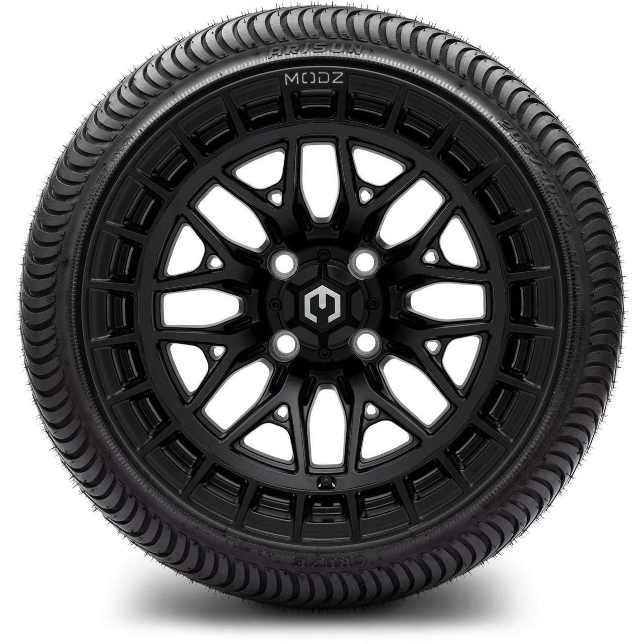MODZ® 14" Torrent Matte Black Wheels & Street Tires Combo (Odyssey Tesseract Steel Belted Radial 215/35-14)