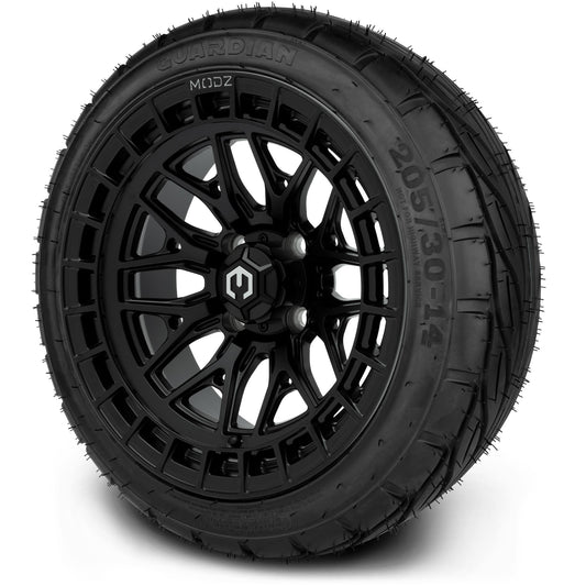 MODZ® 14" Torrent Matte Black Wheels & Street Tires Combo (MODZ Guardian 205/30-14)