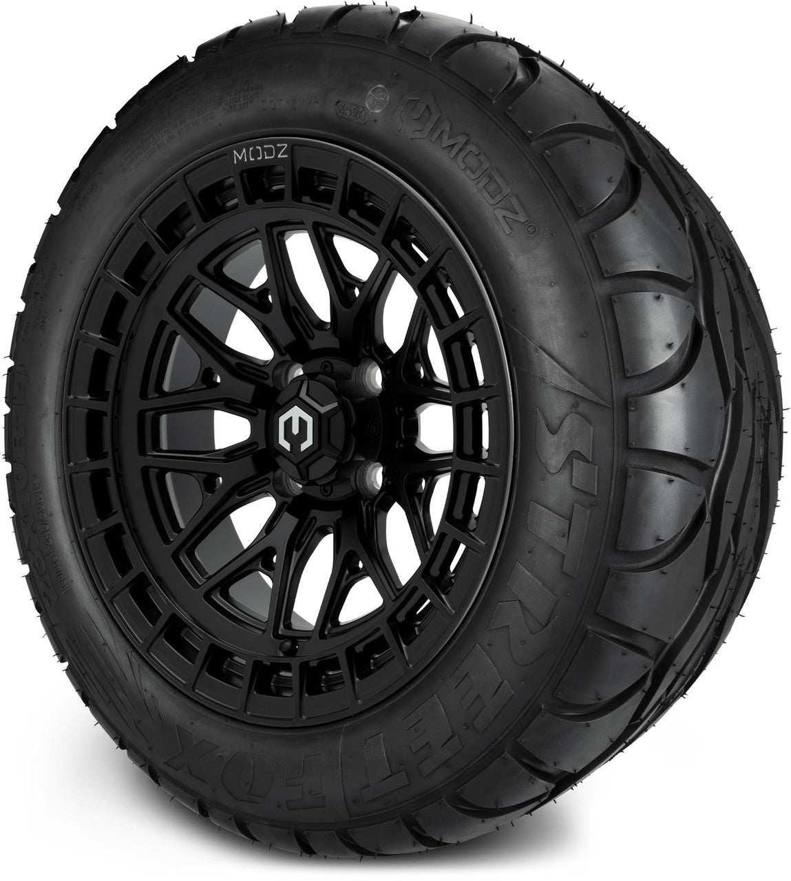 MODZ® 14" Torrent Matte Black Wheels & Street Tires Combo (Odyssey Tesseract Steel Belted Radial 215/50-14)
