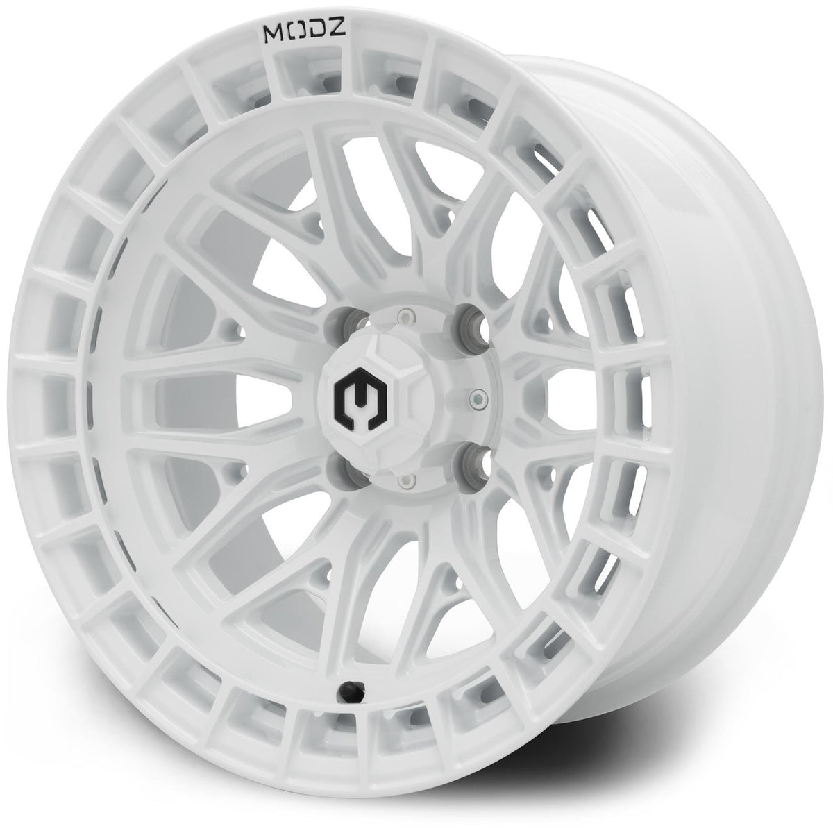 MODZ® 14" Torrent Glossy White Wheels & Street Tires Combo (Odyssey Tesseract Steel Belted Radial 215/50-14)