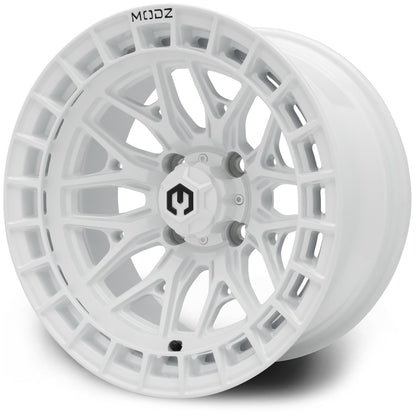 MODZ® 14" Torrent Glossy White Wheels & Street Tires Combo (MODZ Guardian 205/30-14)