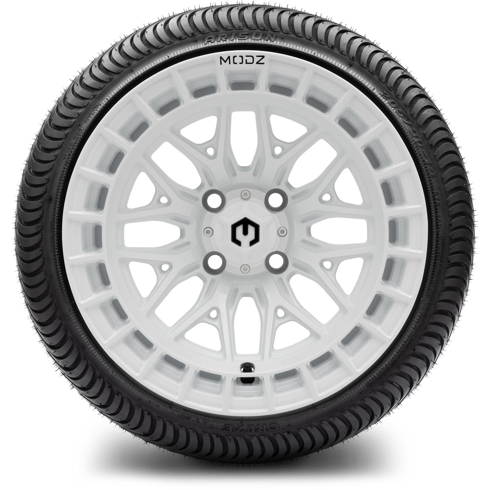 MODZ® 14" Torrent Glossy White Wheels & Street Tires Combo (Arisun X-Sport 205/30-14)