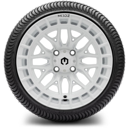 MODZ® 14" Torrent Glossy White Wheels & Street Tires Combo (Odyssey Tesseract Steel Belted Radial 215/35-14)