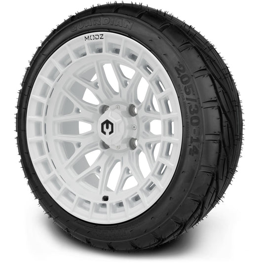 MODZ® 14" Torrent Glossy White Wheels & Street Tires Combo (MODZ Guardian 205/30-14)