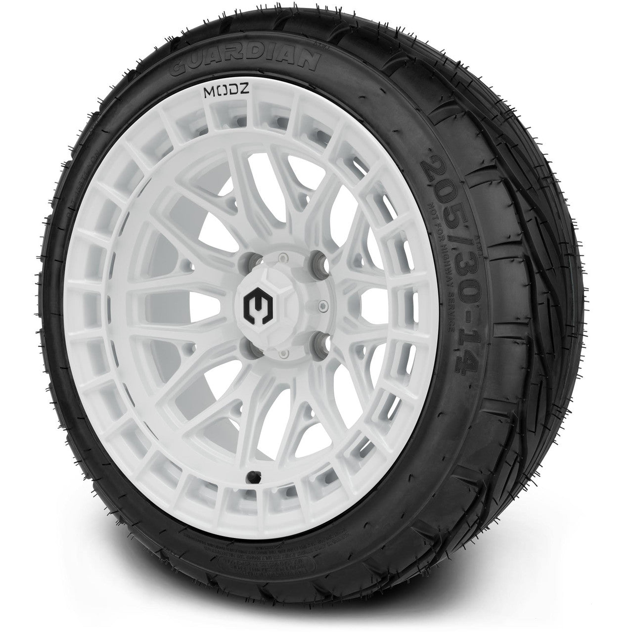 MODZ® 14" Torrent Glossy White Wheels & Street Tires Combo (Arisun Cruze 205/30-14)