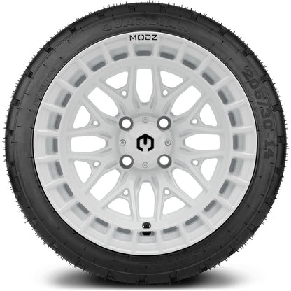 MODZ® 14" Torrent Glossy White Wheels & Street Tires Combo (Arisun Cruze 205/30-14)