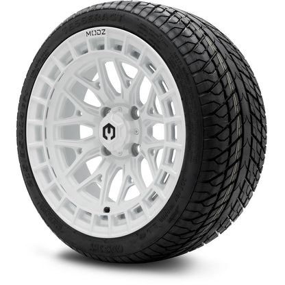 MODZ® 14" Torrent Glossy White Wheels & Street Tires Combo (Odyssey Tesseract Steel Belted Radial 215/35-14)