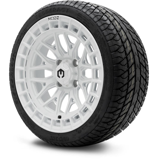 MODZ® 14" Torrent Glossy White Wheels & Street Tires Combo (Odyssey Tesseract Steel Belted Radial 215/35-14)