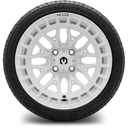 MODZ® 14" Torrent Glossy White Wheels & Street Tires Combo (Odyssey Tesseract Steel Belted Radial 215/50-14)