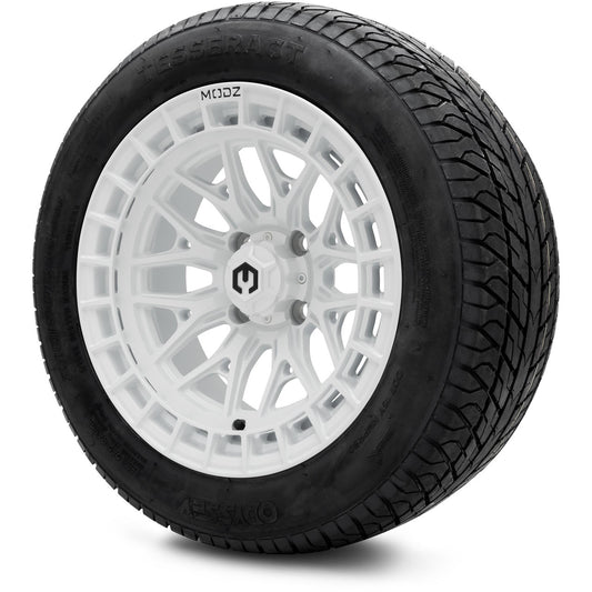 MODZ® 14" Torrent Glossy White Wheels & Street Tires Combo (Odyssey Tesseract Steel Belted Radial 215/50-14)