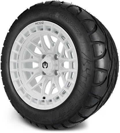 MODZ® 14" Torrent Glossy White Wheels & Street Tires Combo (Odyssey Tesseract Steel Belted Radial 215/35-14)