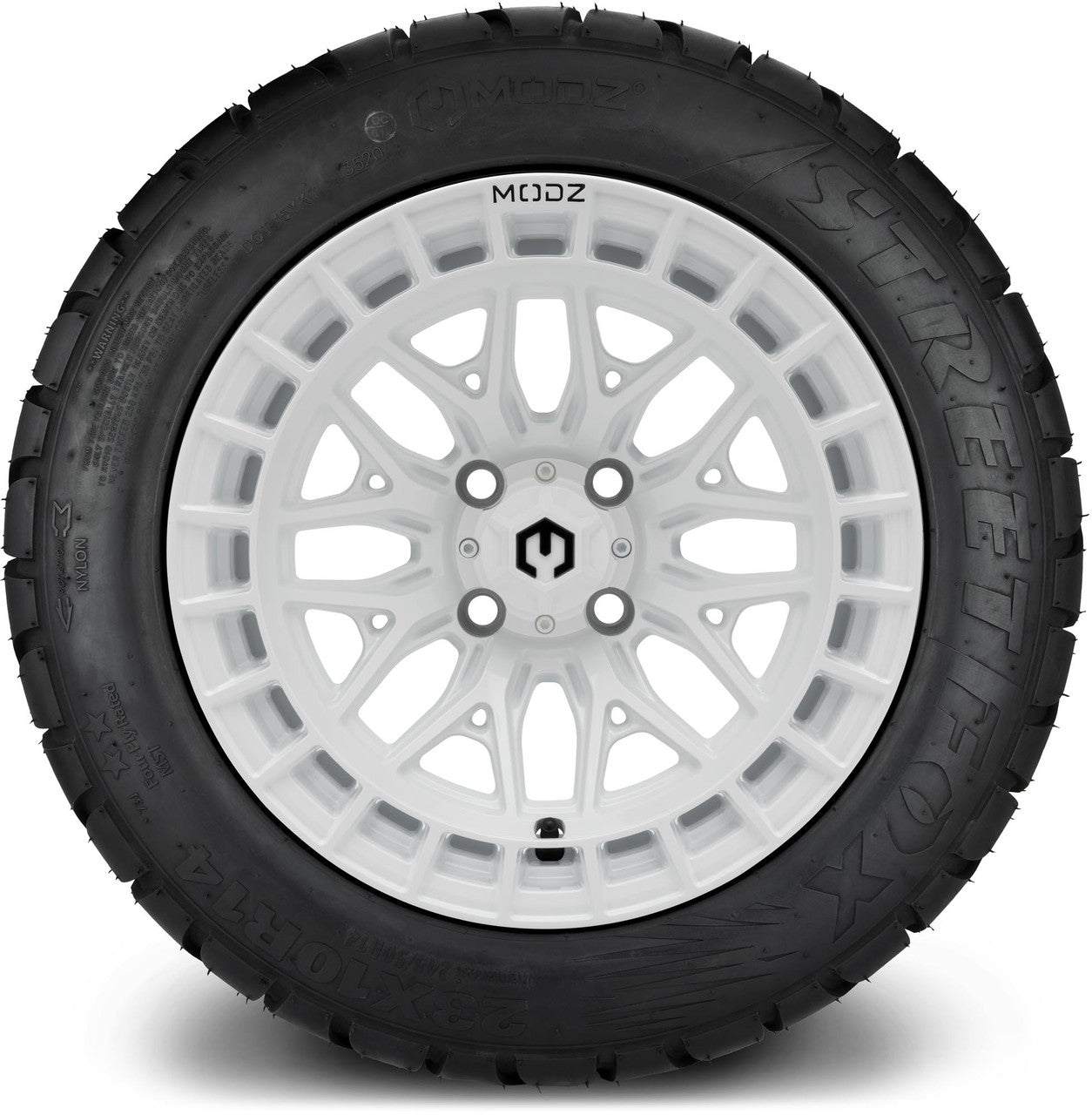 MODZ® 14" Torrent Glossy White Wheels & Street Tires Combo (Arisun Cruze 205/30-14)