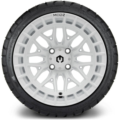 MODZ® 14" Torrent Glossy White Wheels & Street Tires Combo (Odyssey Tesseract Steel Belted Radial 215/50-14)