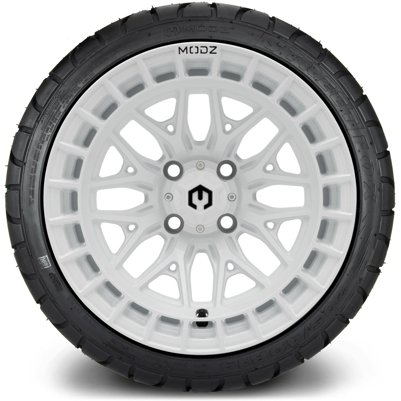 MODZ® 14" Torrent Glossy White Wheels & Street Tires Combo (Odyssey Tesseract Steel Belted Radial 215/35-14)