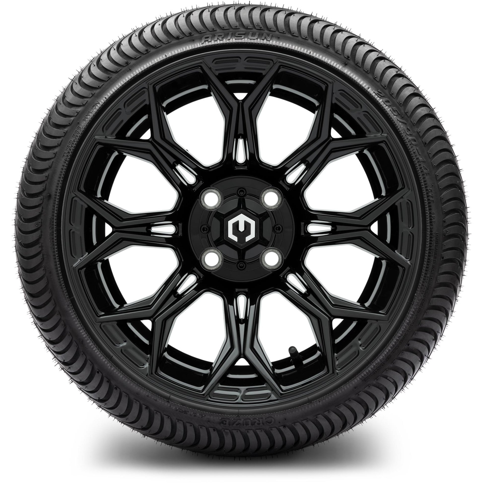 MODZ® 14" Halo Glossy Black Wheels & Street Tires Combo (Arisun X-Sport 205/30-14)