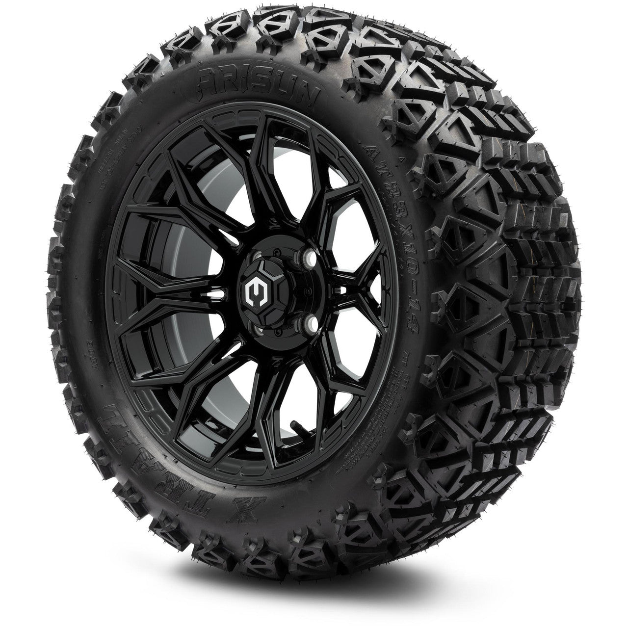 MODZ® 14" Halo Glossy Black Wheels & Off-Road Tires Combo (Arisun X-Armory All-Terrain 23x10-14 Radial)