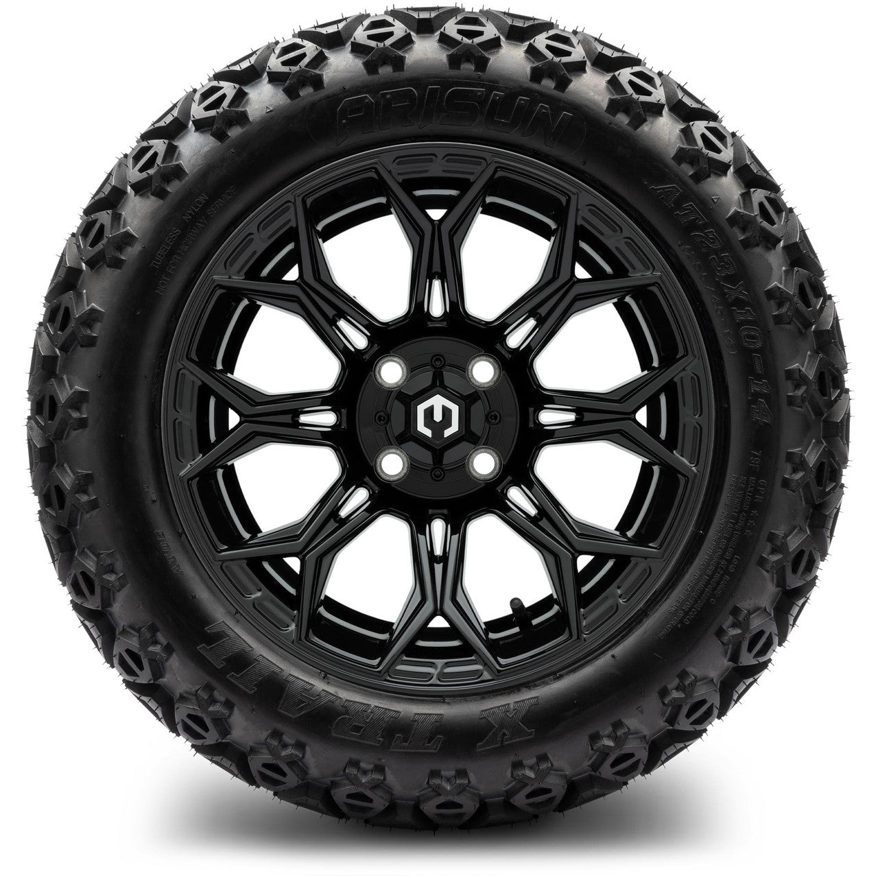 MODZ® 14" Halo Glossy Black Wheels & Off-Road Tires Combo (Arisun X-Trail All-Terrain 23x10-14)