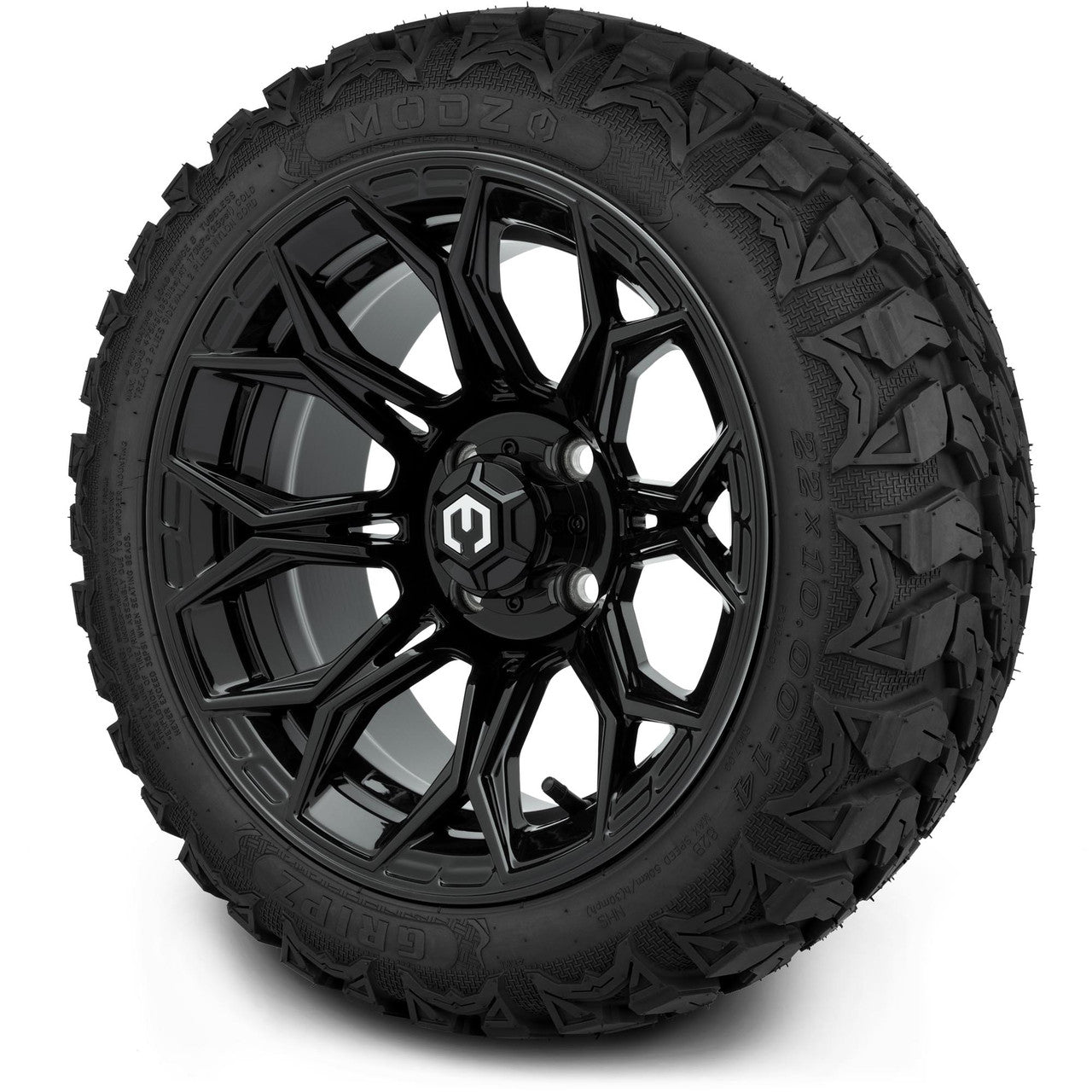 MODZ® 14" Halo Glossy Black Wheels & Off-Road Tires Combo (Arisun X-Armory All-Terrain 23x10-14 Radial)
